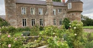 A picturesque castle surrounded by a serene pond and blooming roses in the foreground.