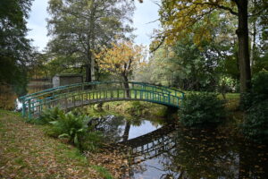 A picturesque bridge gracefully arching over a serene stream, surrounded by lush greenery.