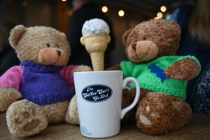 Two memory bears sat in Coffee Cart