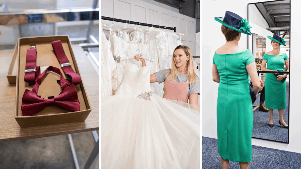 three photos showing a set of dark red braces and a matching bow tie, a blonde woman holding up a white dress and an older woman wearing a green fitted dress and matching hat